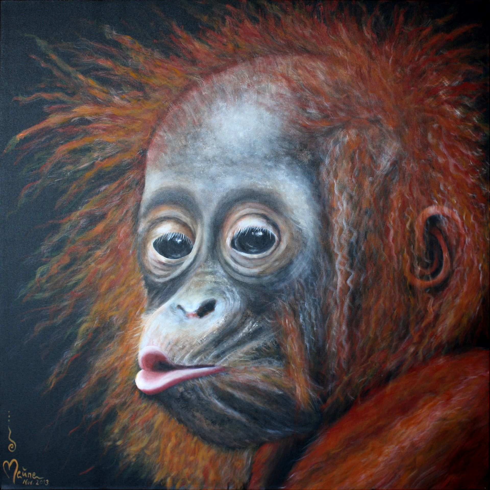 Gemälde eines Kopfes einer Orang-Utan-Babys vor schwarzem Hintergrund.