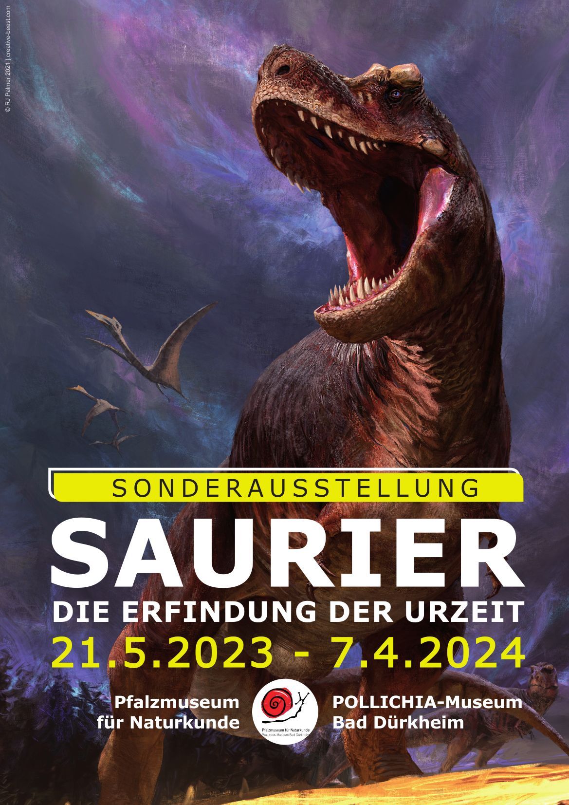 Ein Poster für Saurier zeigt einen Dinosaurier mit offenem Maul
