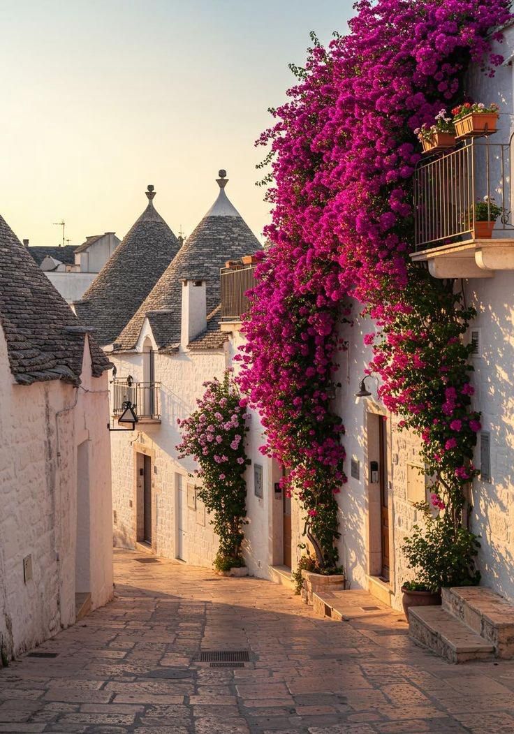 Strada acciottolata fiancheggiata da edifici bianchi, fiori di bouganville e tetti a forma di cono.