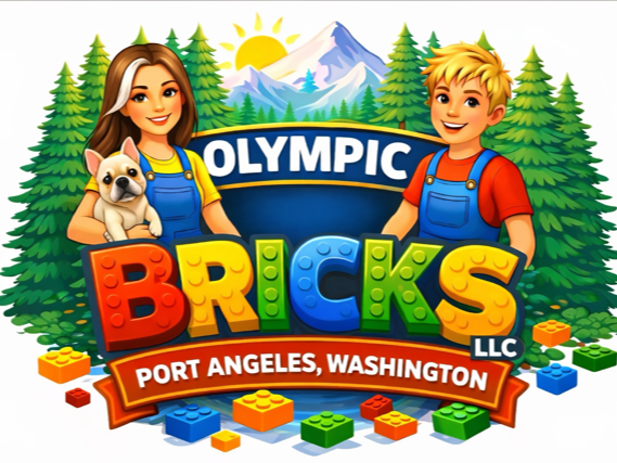 Logo for Olympic Bricks LLC in Port Angeles, Washington, featuring a stylized brick text design and mountain backdrop.