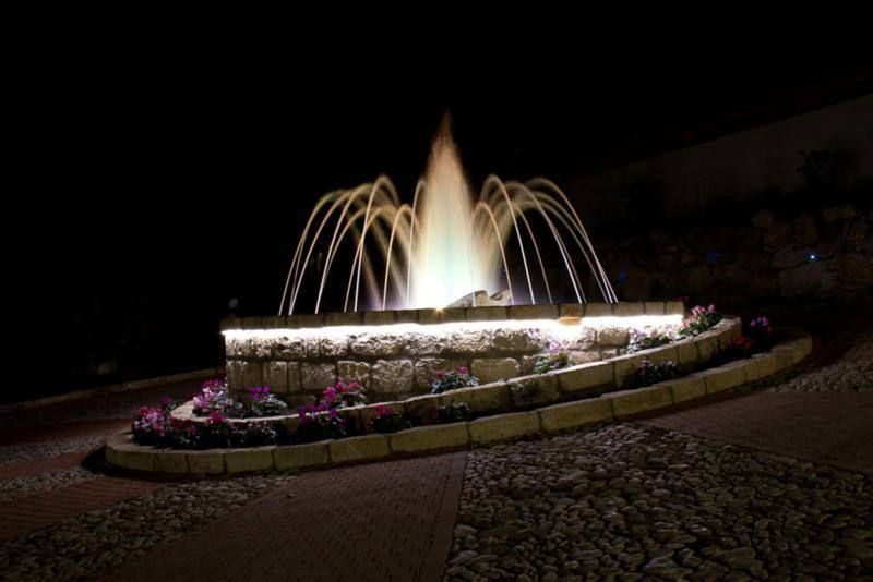 Fontana illuminata di notte, l'acqua scorre verso l'alto, vasca in pietra con aiuole, sfondo scuro.