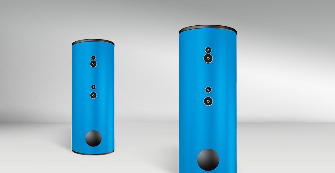 Due scaldabagni cilindrici blu con parte superiore e inferiore nere; sfondo bianco.