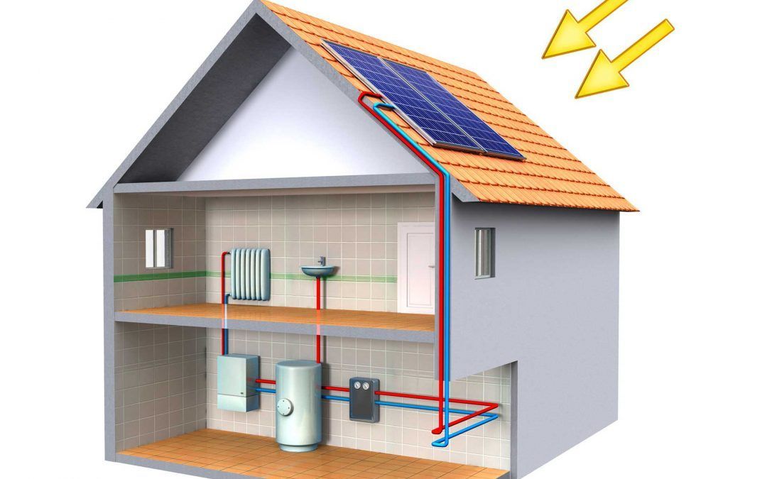 Casa con pannelli solari sul tetto, con impianti idraulici e di riscaldamento interni visibili.
