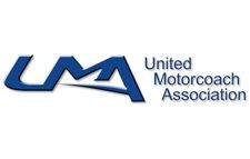 The logo for the united motorcoach association is blue and white.