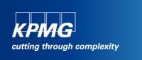 A blue and white logo for kpmg cutting through complexity
