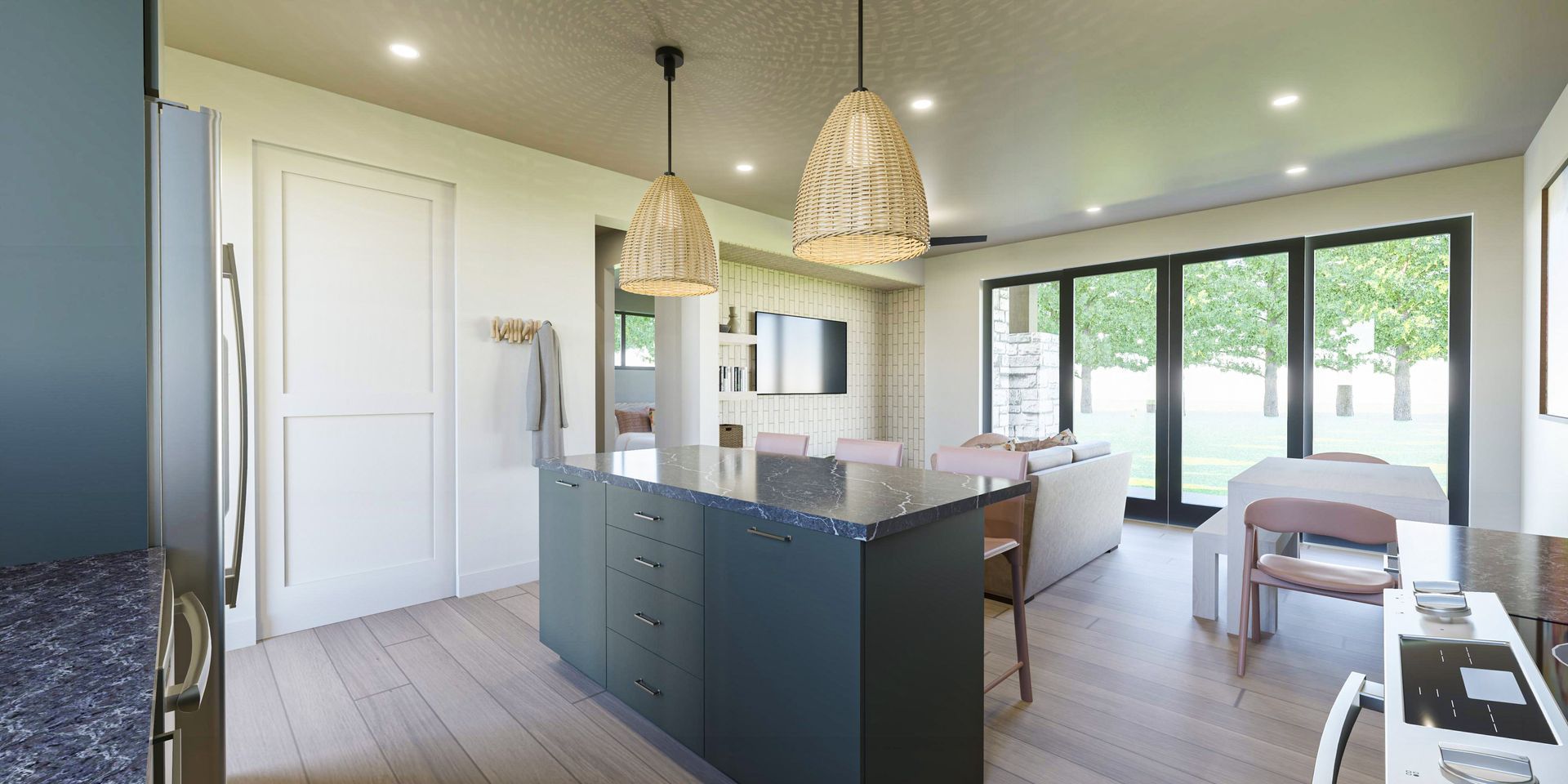 A kitchen with a large island in the middle of the room.