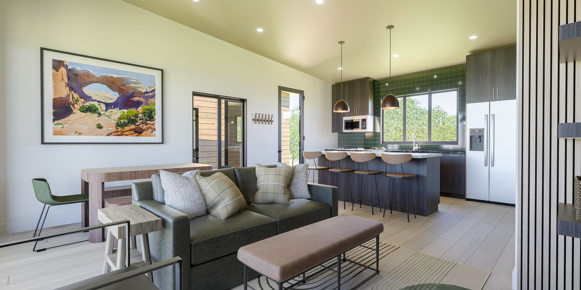 An artist 's impression of a living room and kitchen in a house.