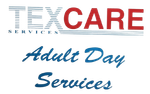 Logo for Texcare Adult Day Services: Text in blue and red, with "Adult Day Services" in script below.