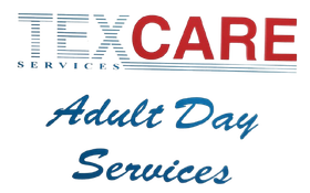Logo for Texcare Adult Day Services: Text in blue and red, with "Adult Day Services" in script below.
