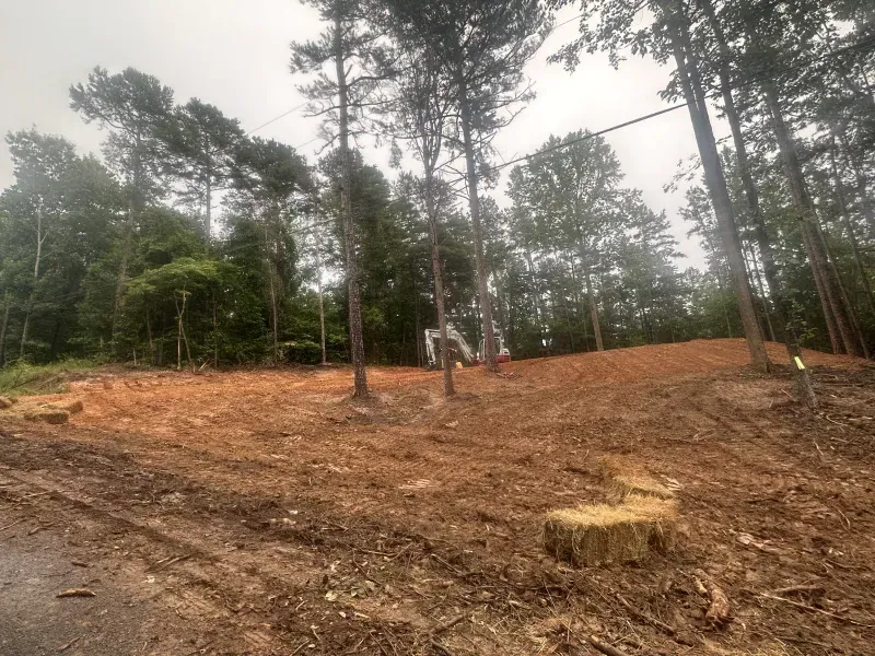 Cleared land with scattered trees, a hay bale, and a muddy access road.
