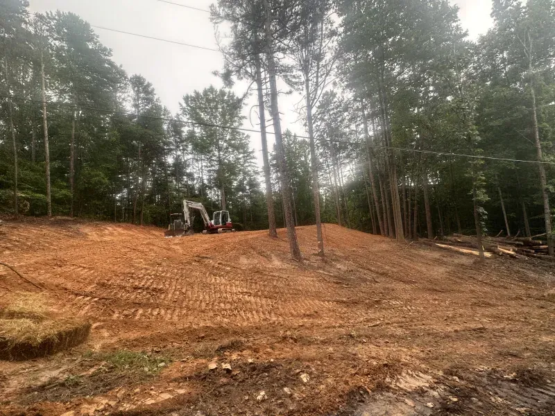 Excavator on a red-dirt hillside in a wooded area. The sky is overcast.