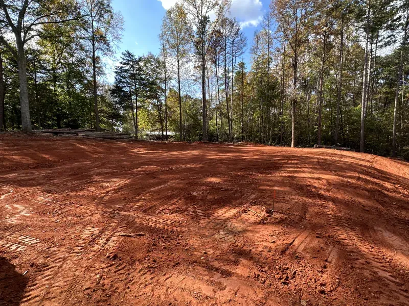 Cleared, red-toned land with tire tracks, surrounded by trees under a blue sky.