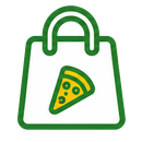 Borsa della spesa verde con contorno e icona di una fetta di pizza sul davanti.