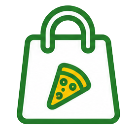 Borsa della spesa verde con contorno e icona di una fetta di pizza sul davanti.