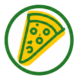 Logo circolare verde con un'icona a forma di fetta di pizza gialla contornata di verde.