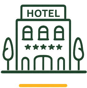 Icona di un hotel verde con cinque stelle e alberi su entrambi i lati