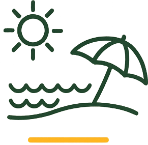Icona di sole, onde e ombrellone da spiaggia in verde scuro con linea di contorno gialla