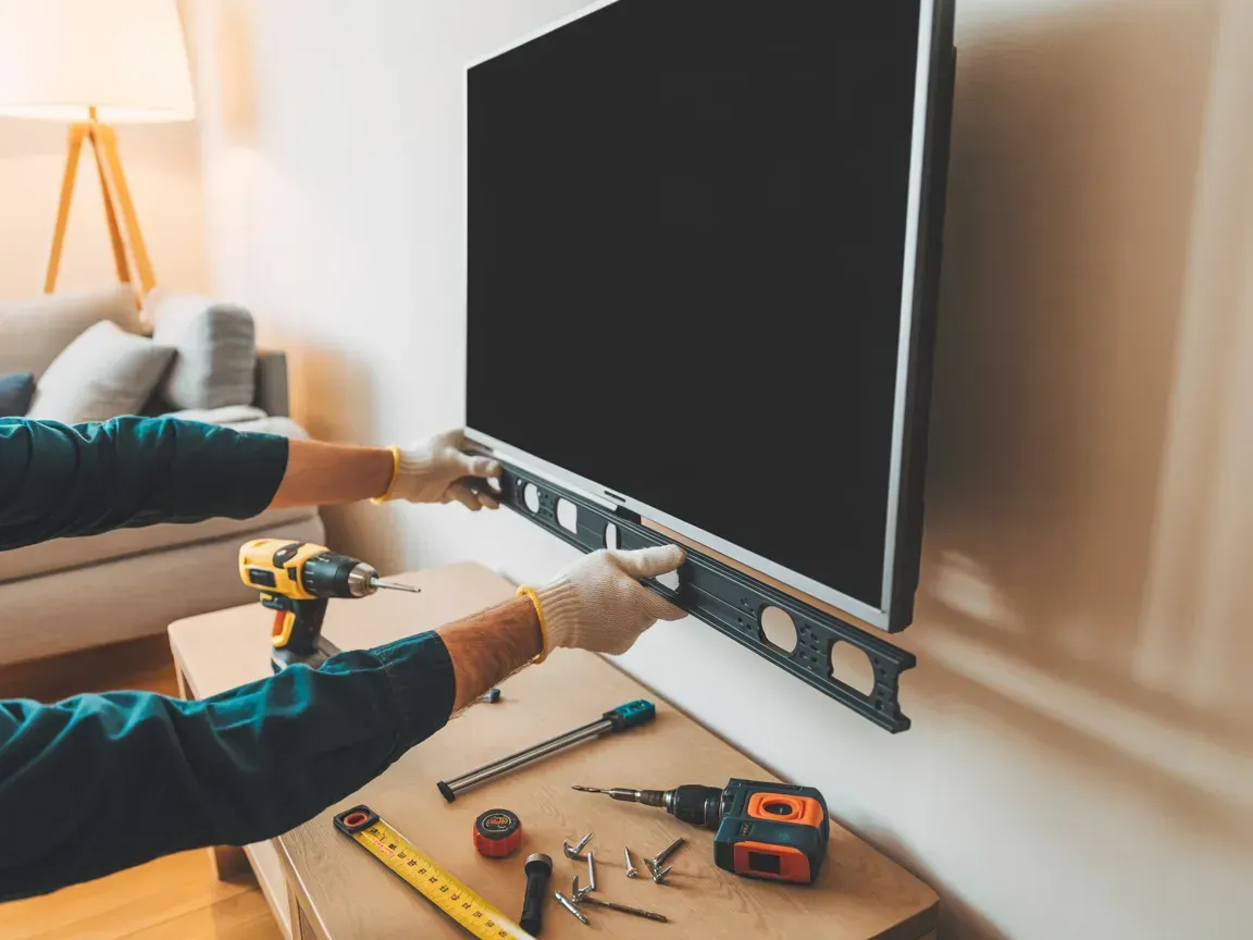 A person in white gloves uses a level to adjust a flat-screen TV mounted on a wall above a table with various tools.