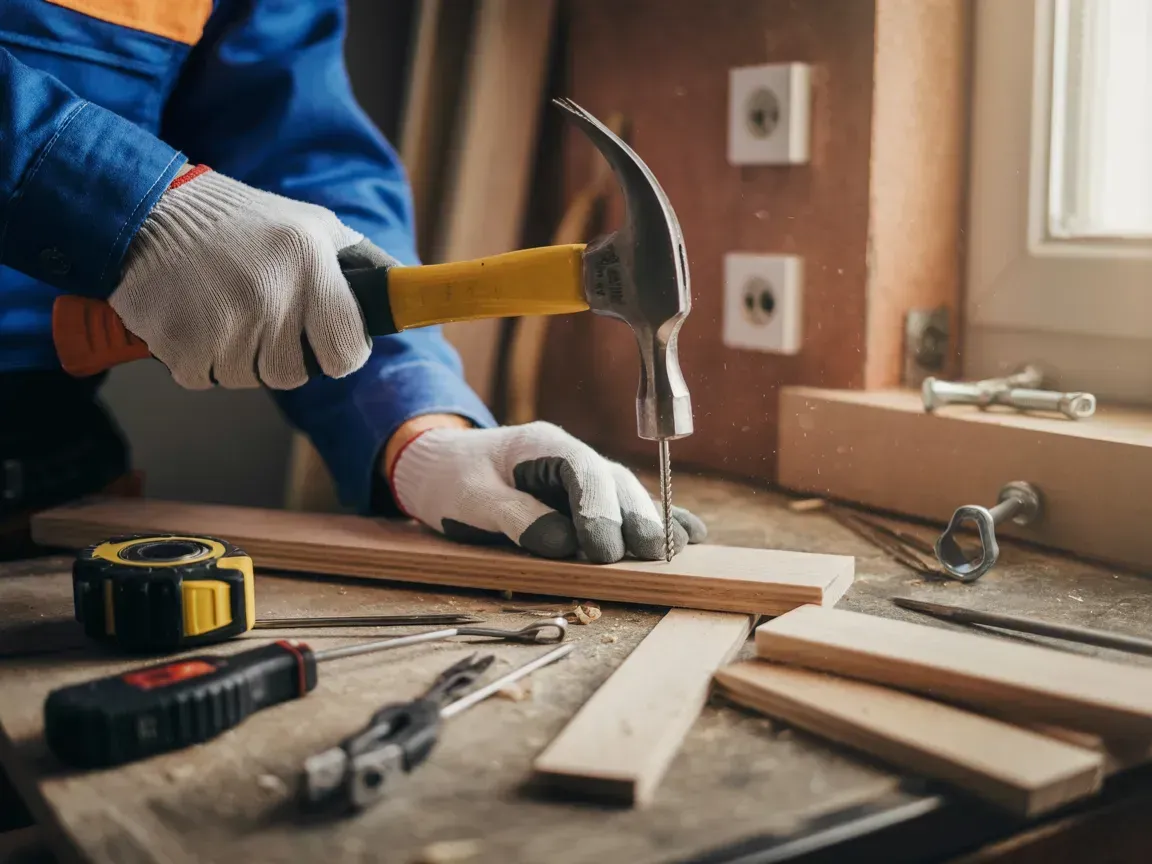 A person wearing work gloves hammers a nail into a wooden board on a workbench surrounded by various tools.