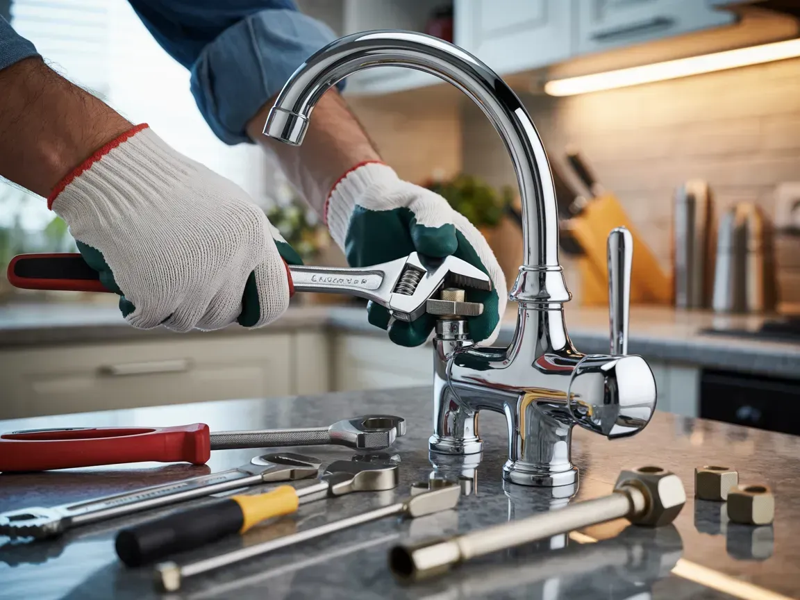 A person wearing gloves uses an adjustable wrench to repair a chrome kitchen faucet, with tools spread on the counter.