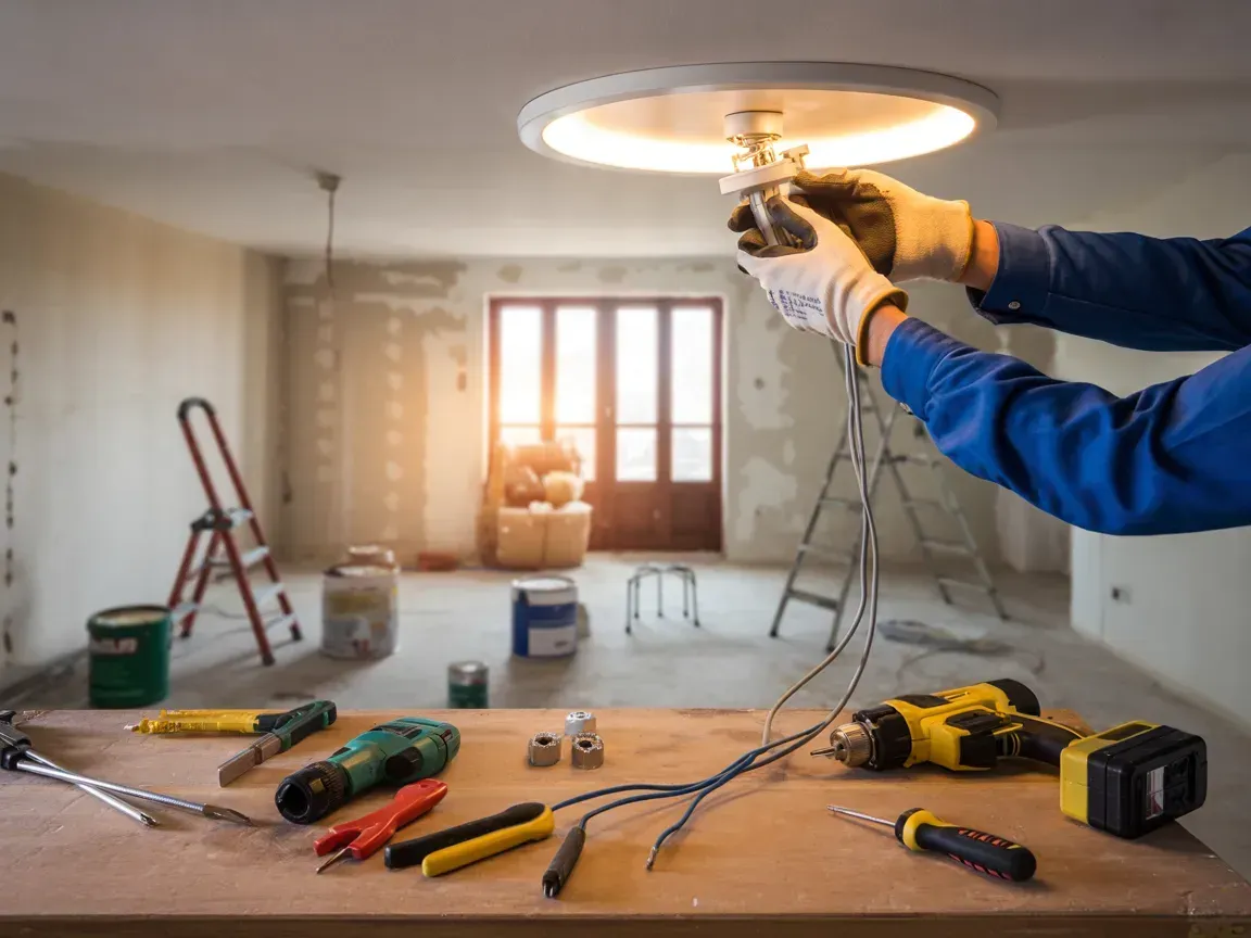 An electrician installs a ceiling light in a room under construction, with various tools laid out on a table in front.
