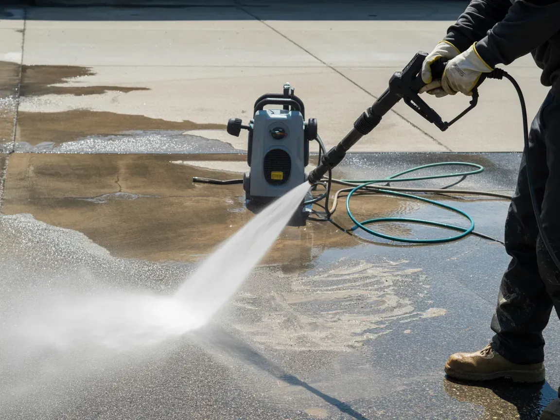 A person uses a pressure washer to clean a dirty concrete surface outdoors.