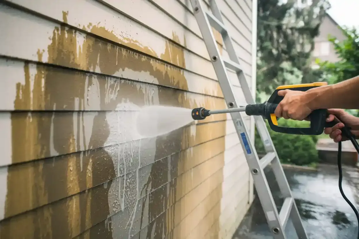 Handyman using a high-pressure cleaner to clean stone slabs.