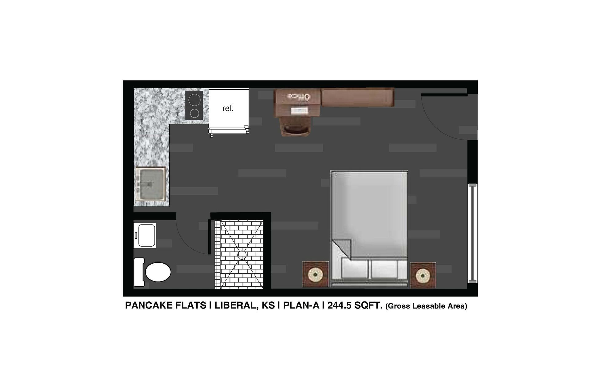 A floor plan of a bedroom with a bed , couch , desk and toilet. A-Unit_120