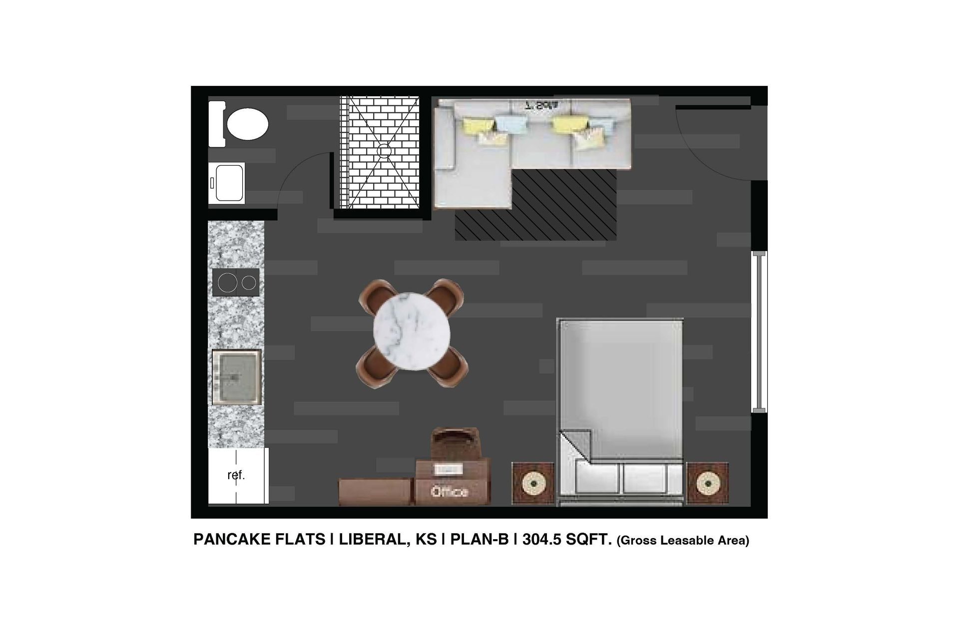 A floor plan of a bedroom with a bed , couch , desk and toilet. A-Unit_120