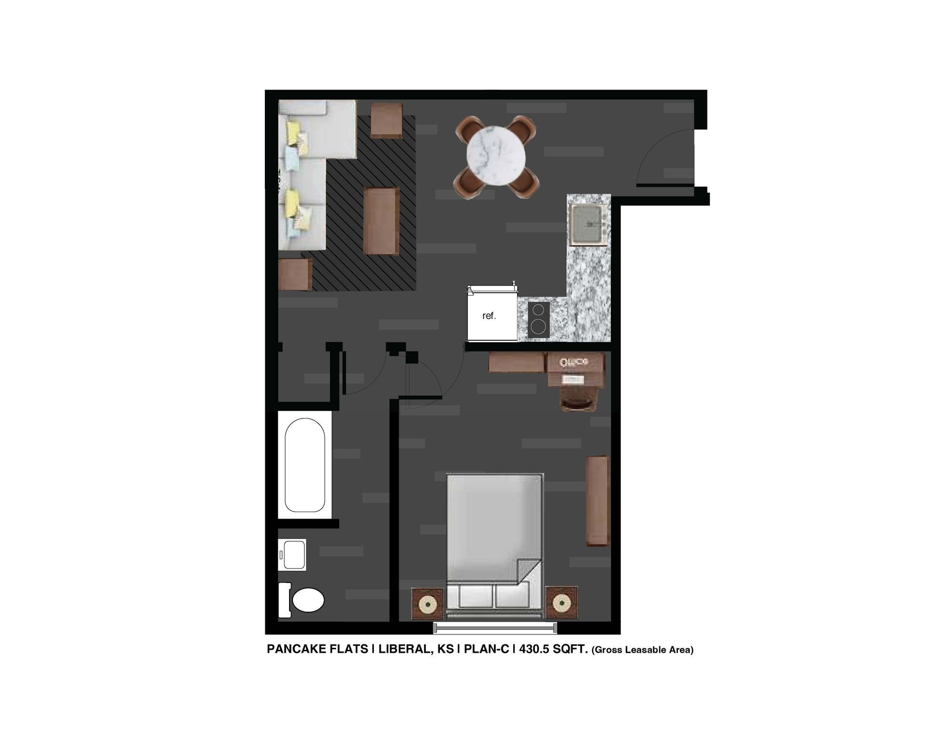 A floor plan of a small apartment with a bed , couch , table and chairs.-FloorPlan_B-Unit_117