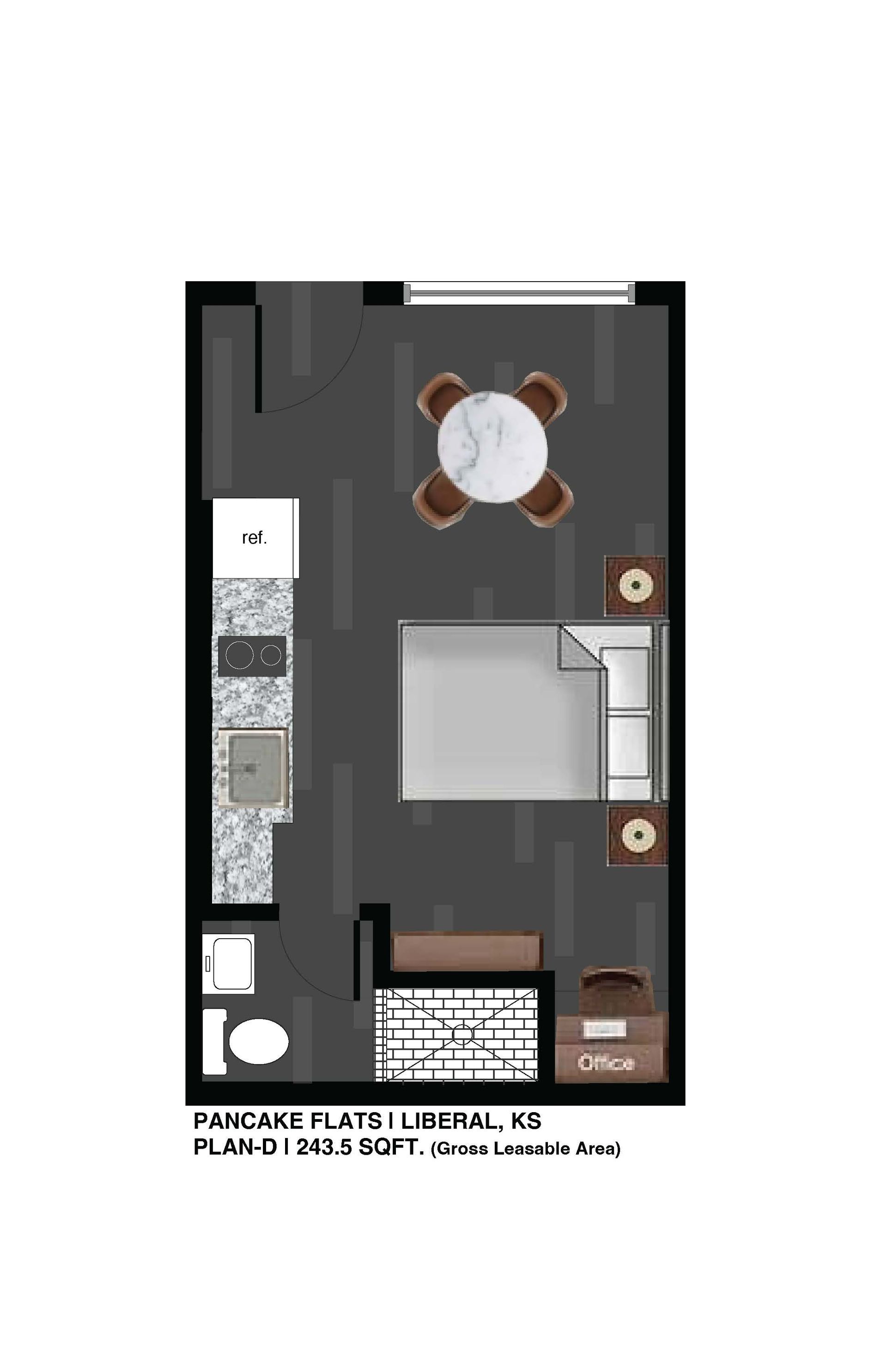 A floor plan of a small apartment with a bed , couch , table and chairs.FloorPlan_D-Unit_111