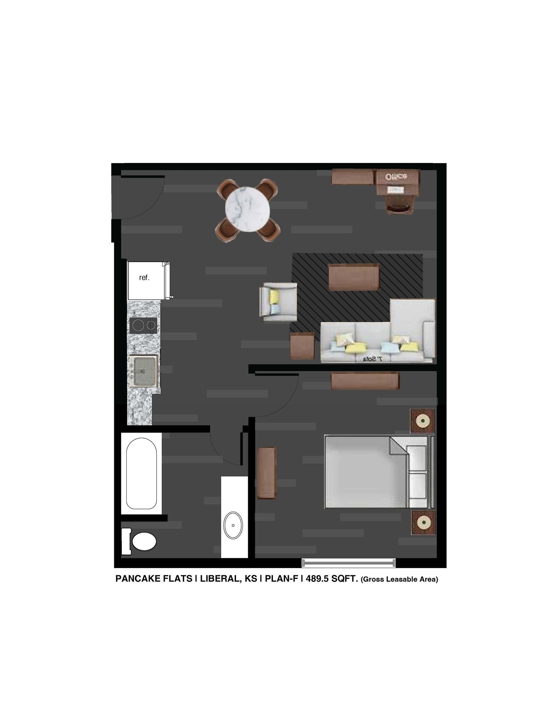 A floor plan of a small apartment with a bed , couch , table and chairs.FloorPlan_D-Unit_111