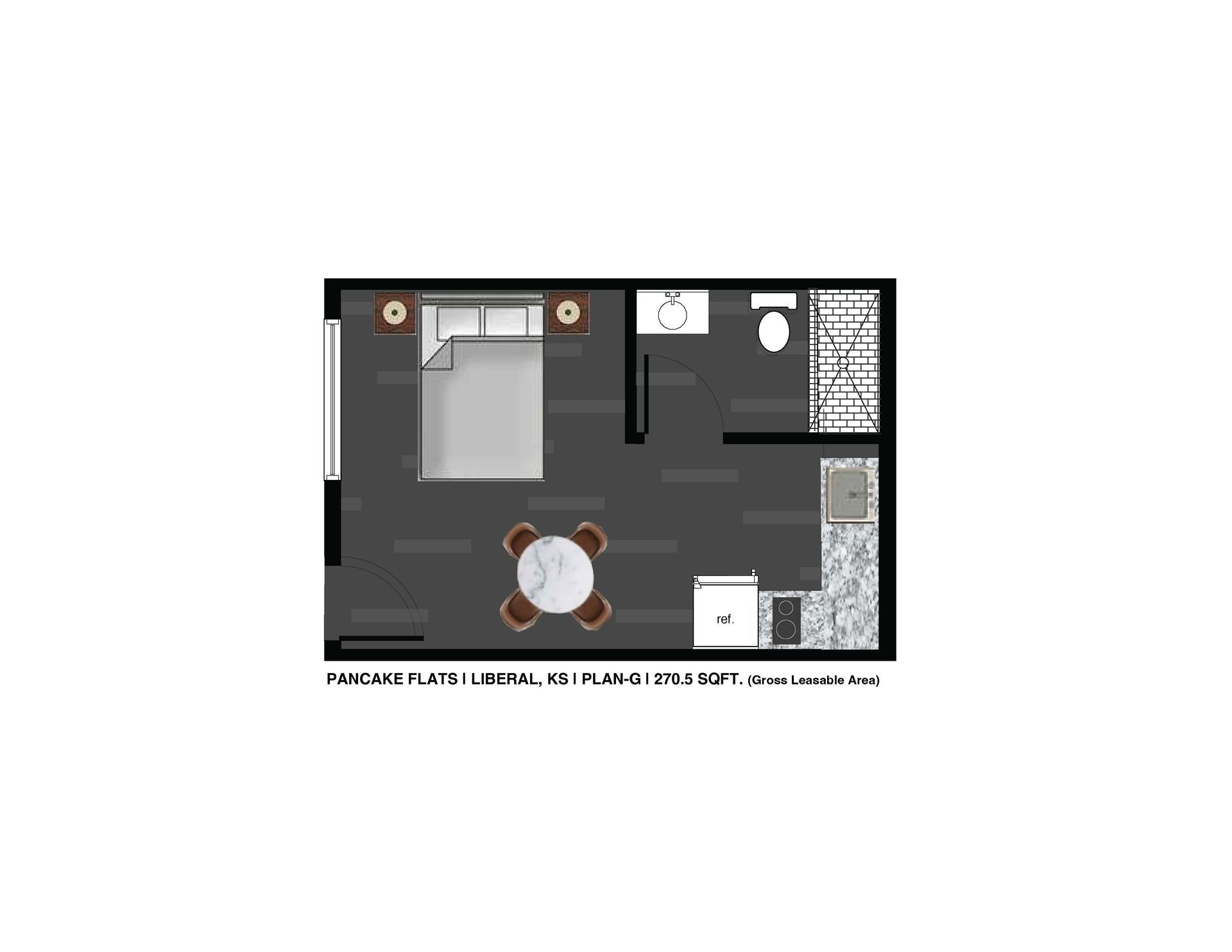 A floor plan of a small apartment with a bedroom , living room , dining room , and bathroom.FloorPlan_F-Unit_105