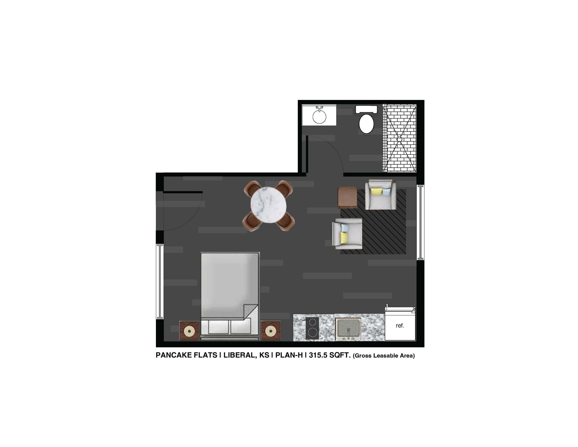 A floor plan of a small apartment with a bedroom , living room , dining room , and bathroom. FloorPlan_H-Unit_123