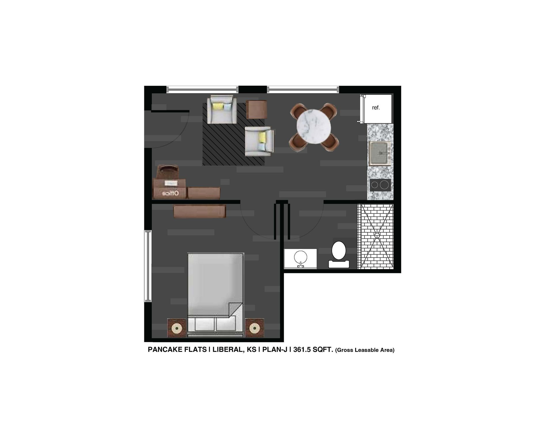 A floor plan of a small apartment with a bedroom , living room , dining room , and bathroom. FloorPlan_H-Unit_123
