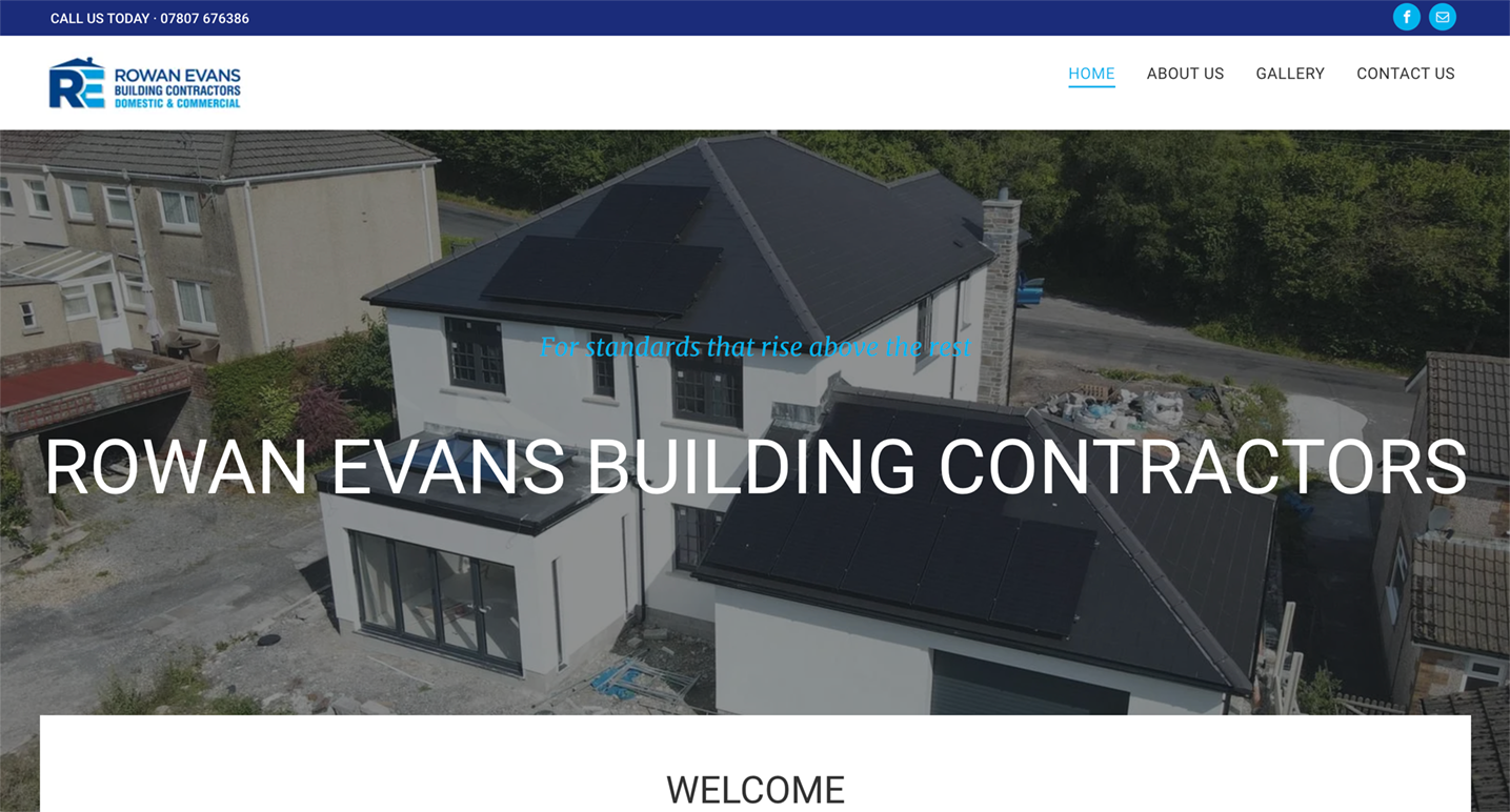 Rowan Evans Building Contractors website home page with a white house and text overlay.
