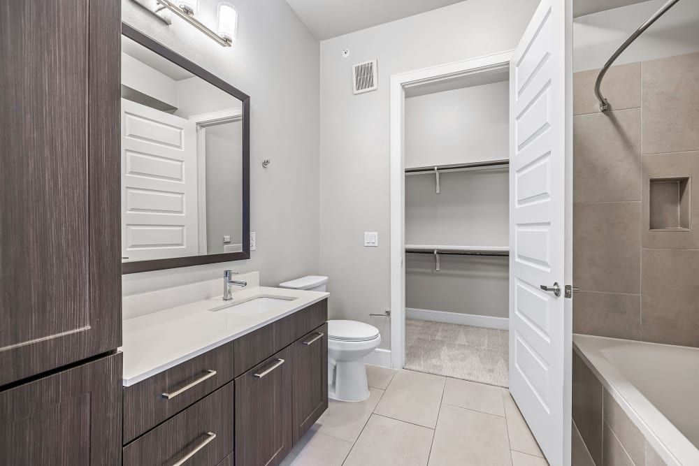A bathroom with a toilet , sink , mirror and walk in closet at Water's Edge.