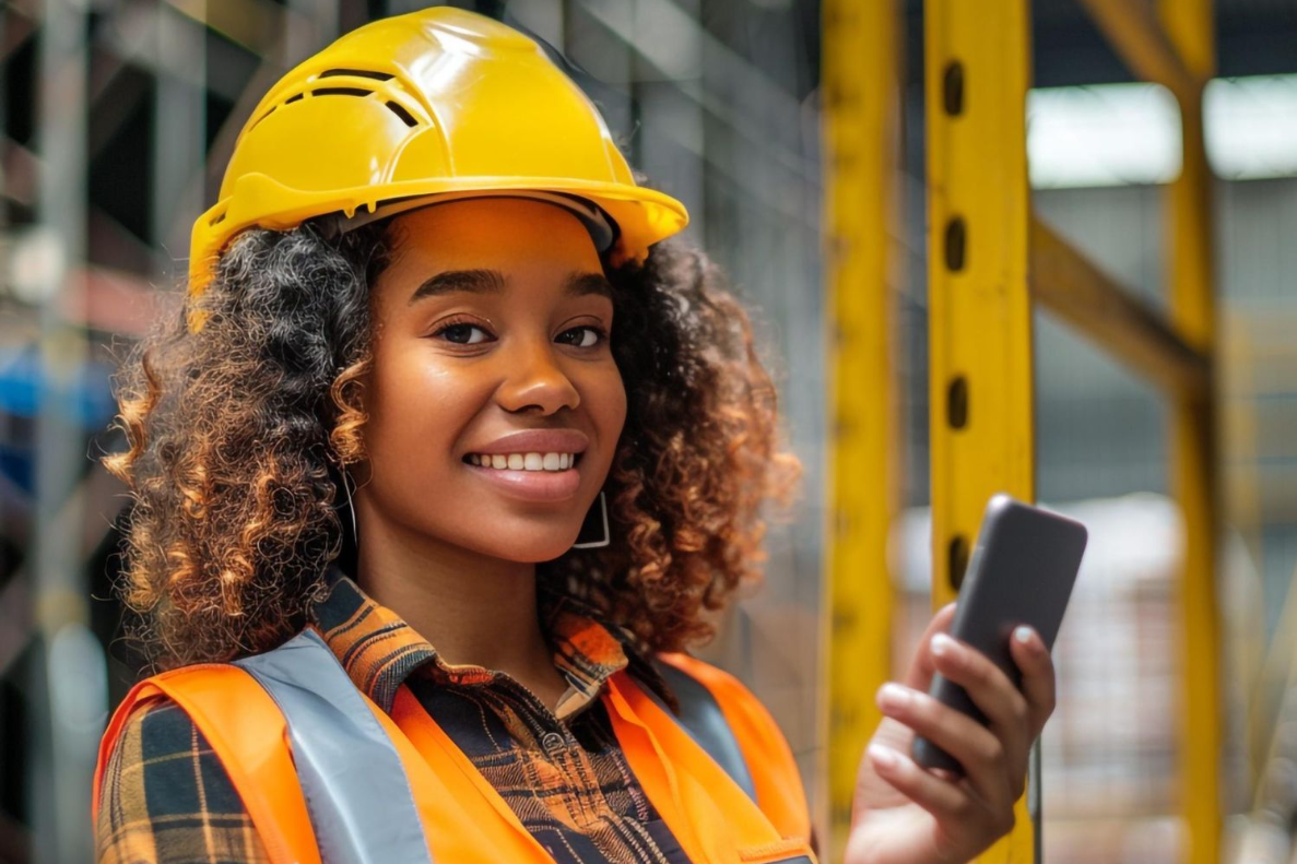 woman in warehouse looking at phone