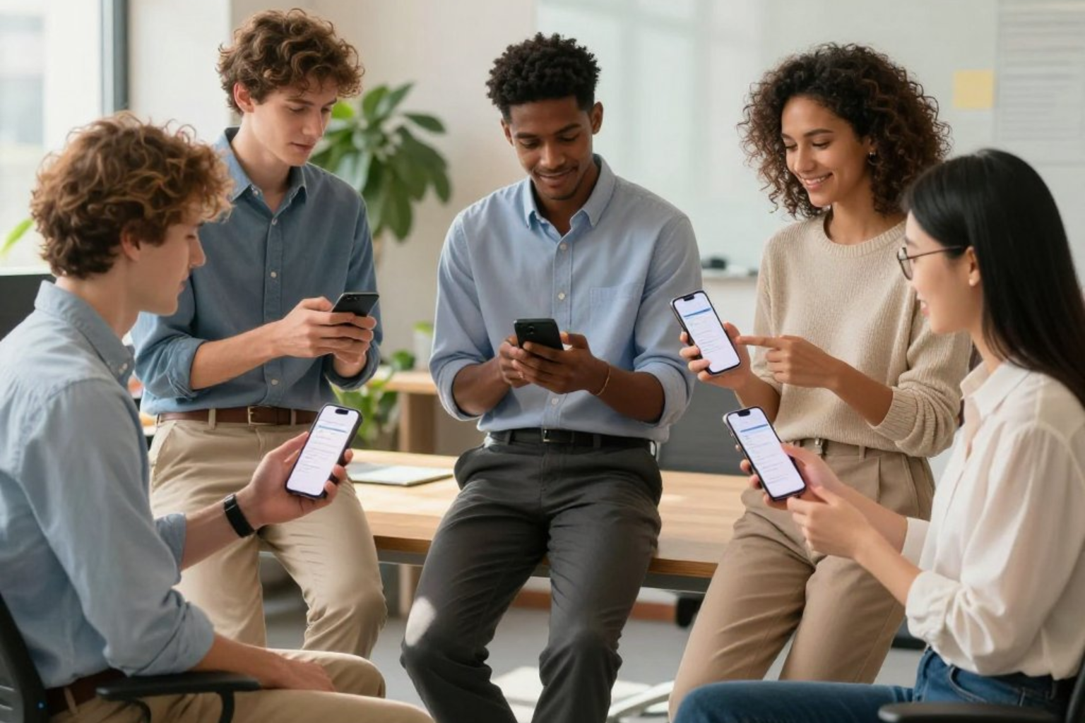 Five office workers sat using mobile phones