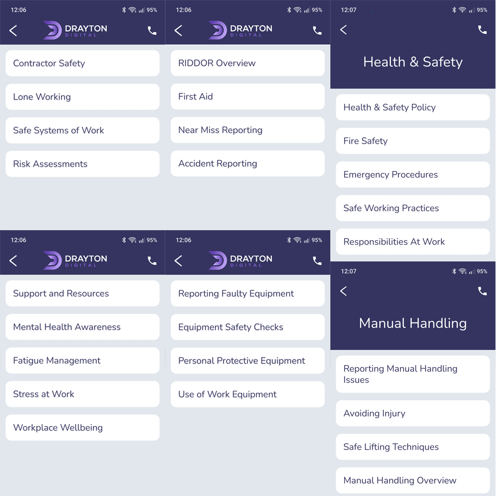 screenshots of policy and training documents inside mobile app
