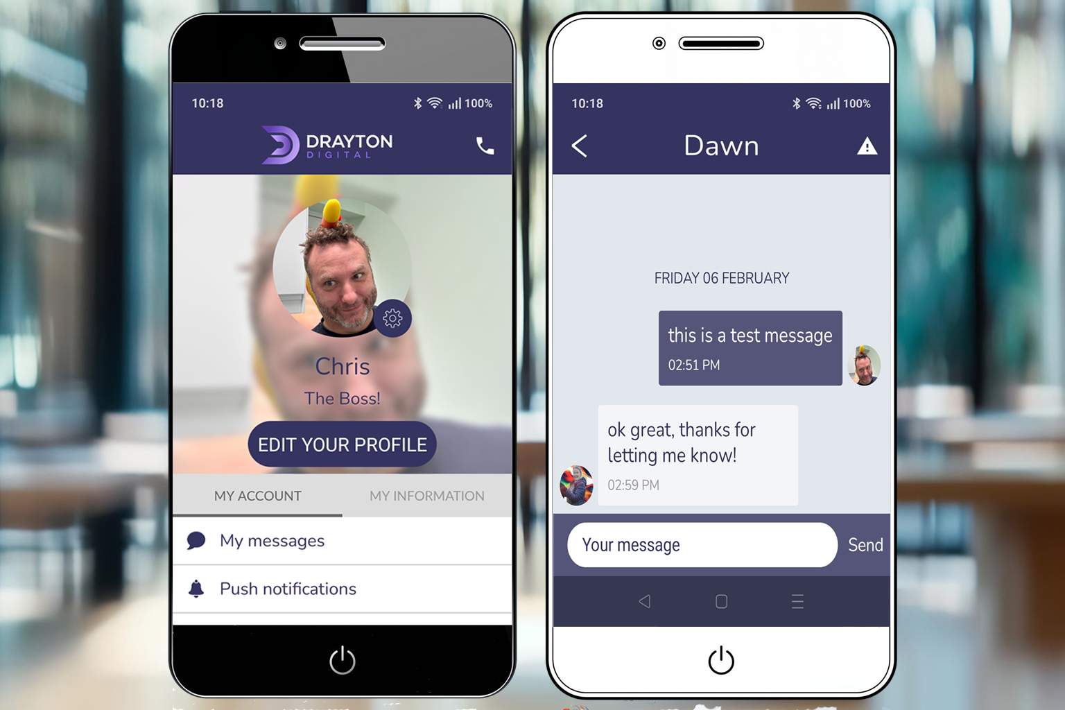 two phones showing profile management and messaging