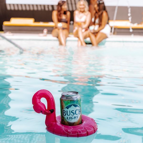 A can of busch light sits on a pink flamingo float in a pool