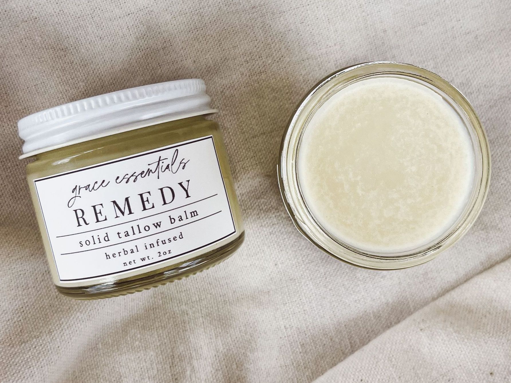 remedy balm jar - one to show the label and one to show the top