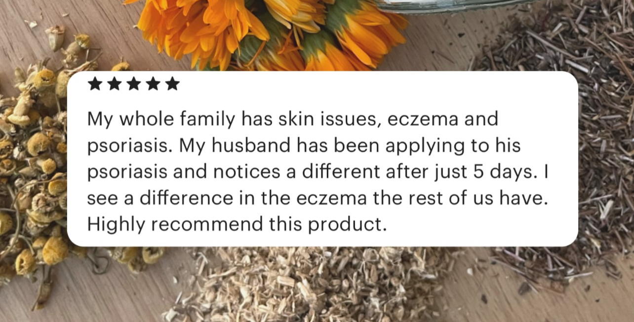 photo of a review of the remedy blend with herbs and calendula flowers behind it