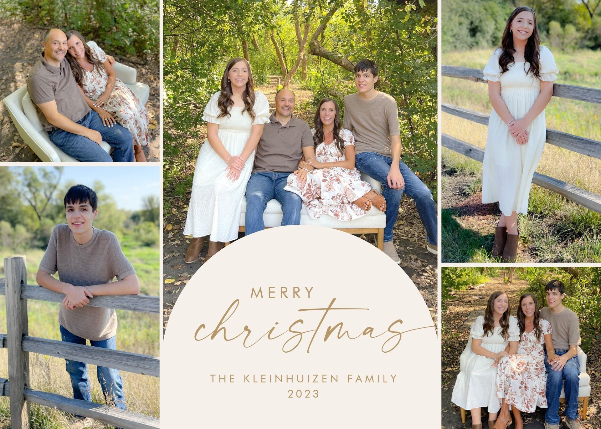 Christmas Card with 5 photos of the family. Wording says Merry Christmas The Kleinhuizen Family 2023 in gold writing on a cream background. Photos are of the family in the center.  the kids on the top to coners. Randy and Amy on the top left corner and Amy with her two kids on the bottom right.