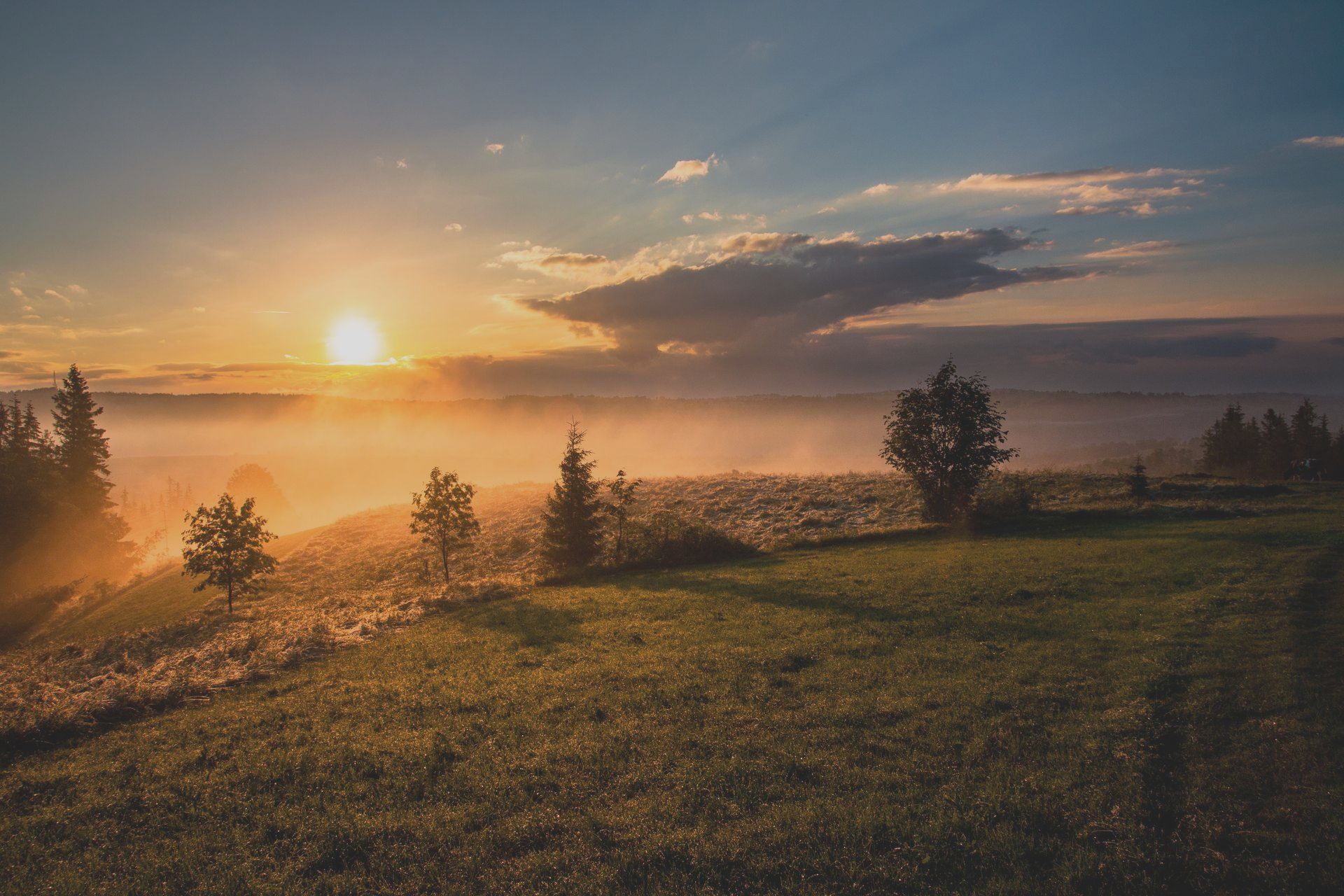 Sunrise on the horizon far in the distance with amazing clouds and a hill with trees in the front