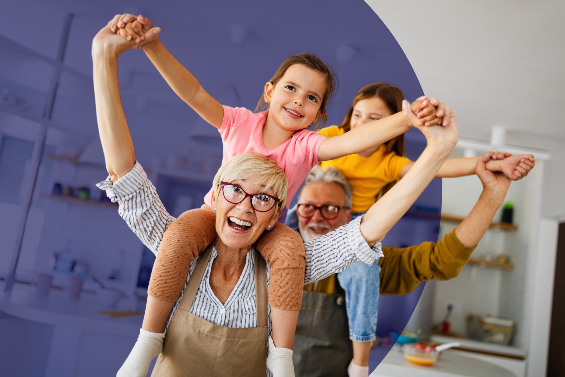 A woman is carrying two children on her shoulders in a kitchen.
