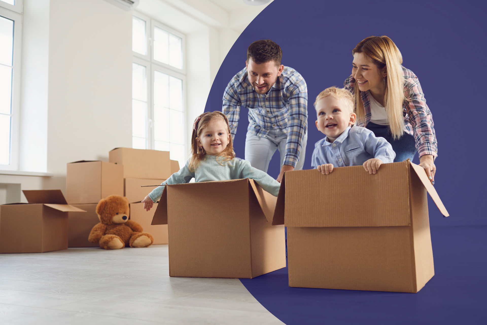 A family is playing in cardboard boxes in a new home.