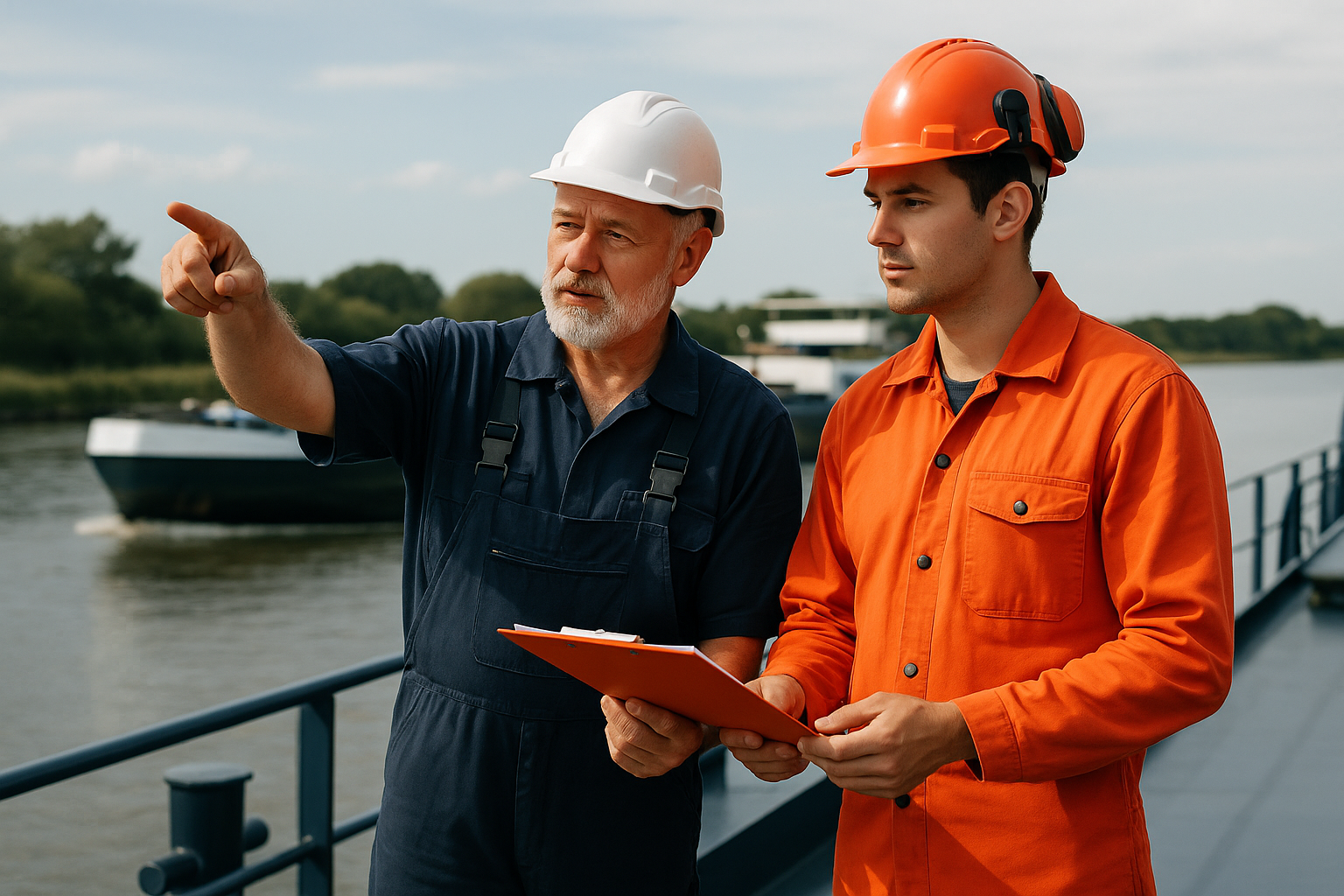 Twee binnenvaartprofessionals op het dek van een vrachtschip, een oudere man wijst richting de rivie