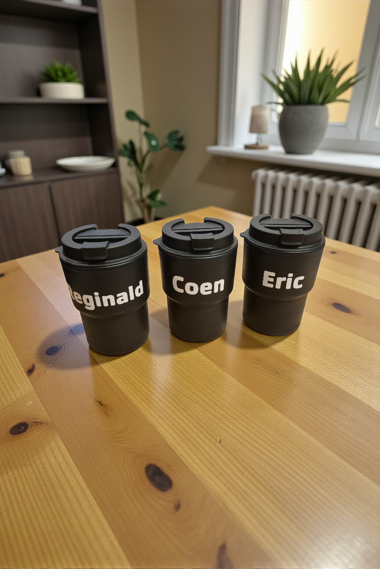 Op een tafel, voor een espressomachine, staan ​​vier koffiemokken met deksels en een etiket erop.